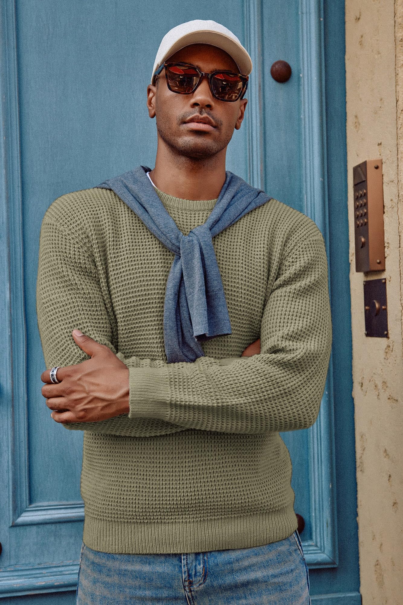 PJ PAUL JONES Sweaters for Men Crewneck Cable Knit Waffle Textured Pullover Sweater Men Green