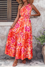 Load image into Gallery viewer, PRETTYGARDEN Women's Summer Floral Maxi Dress Knot One Shoulder Sleeveless Ruffle Flowy Boho Beach Wedding Guest Dresses (Orange Rose Red Big Floral,Medium)
