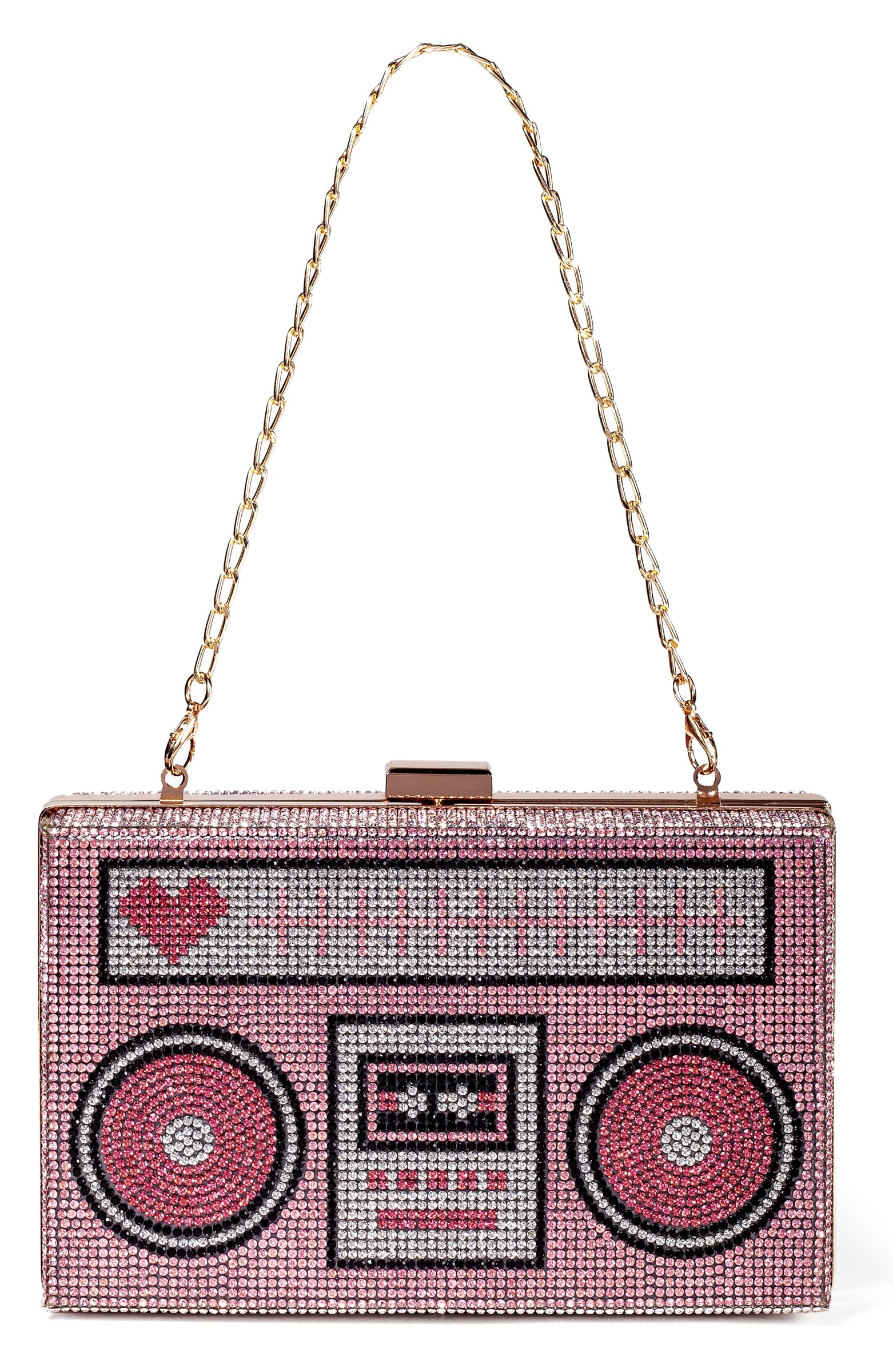 Renabro Women Retro Radio Shape Crossbody Bag Rhinestone Pink Heart Evening Clutch Purses(pink heart)