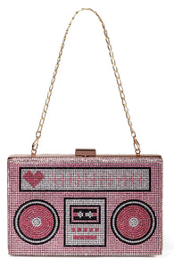 Renabro Women Retro Radio Shape Crossbody Bag Rhinestone Pink Heart Evening Clutch Purses(pink heart)