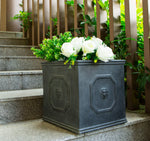 Load image into Gallery viewer, Kante Square Lion Head Concrete Planter, Classic English Style Plant Pot with Drainage Hole and Rubber Plug for Indoor Outdoor Garden Patio Home, 12.6&quot;x12.6&quot;x12.6&quot; Antique Gray
