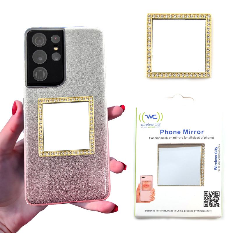 Wireless City Diamond Bling Makeup Mirror for Phone Case - Gold, Stick-On Vanity Mirror with Cubic Zirconia Stones, Universal Fit, Perfect for Selfies and Makeup Touch-Ups