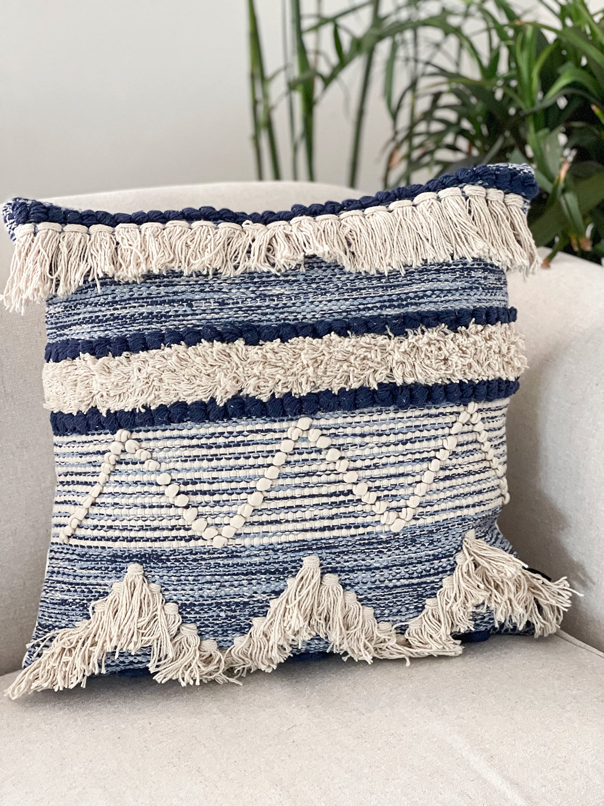 Chardin home Montego Farmhouse Decorative Throw Pillow Covers (Set of 2). Boho Soft Warm Cotton Woven Square Pillow Cover 18x18 for Couch Sofa Bedroom, Blue/Off-White