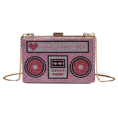 Renabro Women Retro Radio Shape Crossbody Bag Rhinestone Pink Heart Evening Clutch Purses(pink heart)