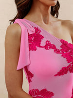 Load image into Gallery viewer, Caracilia Womens Floral One Shoulder Formal Dress Summer Elegant Bodycon Mesh Wedding Guest Cocktail Party Long Maxi Dresses Hot Pink Medium
