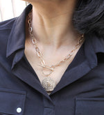 Load image into Gallery viewer, POMINA Chunky Gold Coin Necklace for Women Trendy Fashion Statement Toggle Necklace Worn Gold Tone Pendant Necklace Women Jewelry Gifts (Worn Gold)
