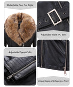 Load image into Gallery viewer, Bellivera Women's Faux Leather Jacket Moto Fleece-Lined Belt Coat with Removable Fur Collar 9203 Blackyellow XXL
