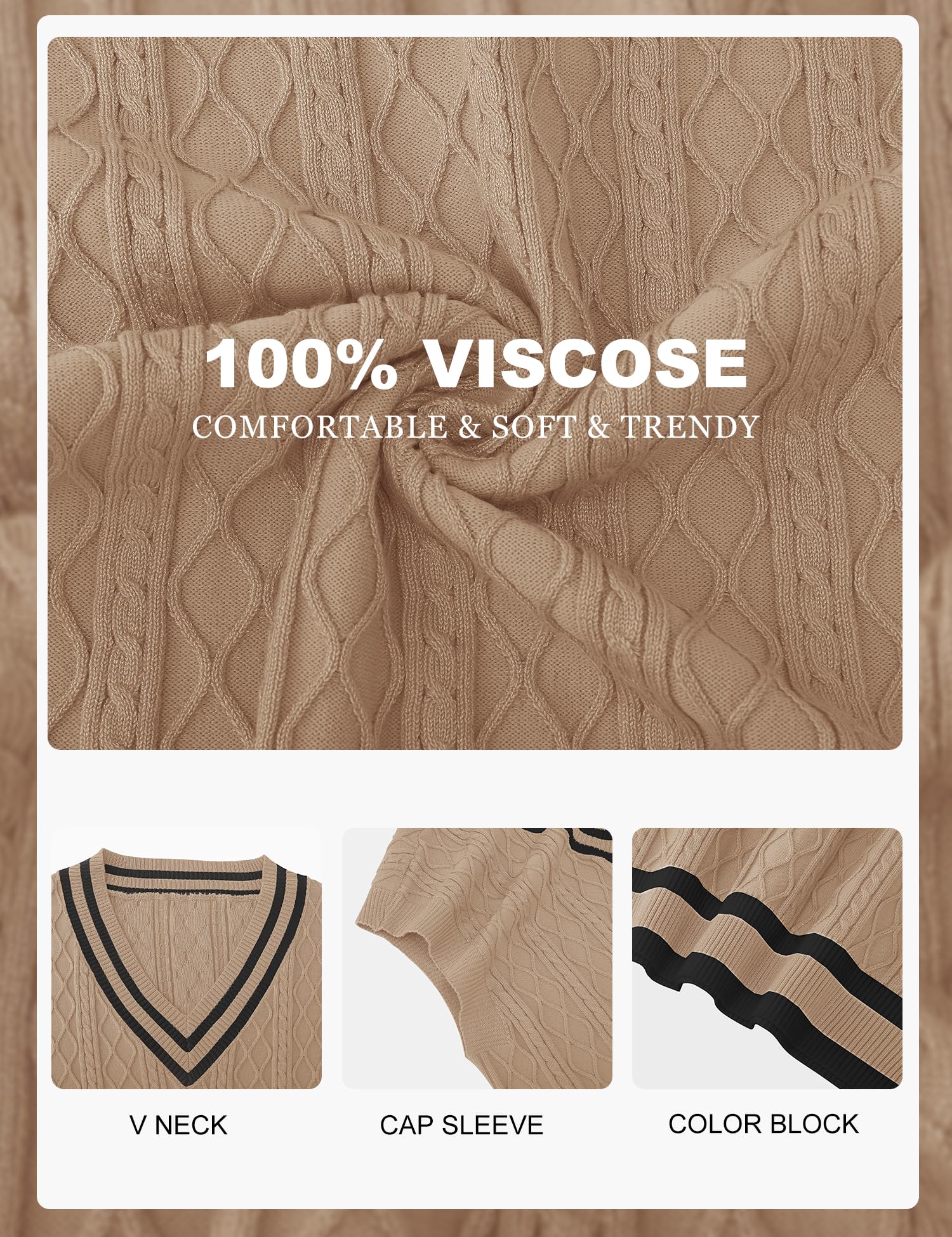 LOMON Sweater Vests for Women 2025 Cap Sleeve Cable-Knit V Neck Tunic Tops Casual Trendy Sleeveless Sweaters (Khaki_XL)
