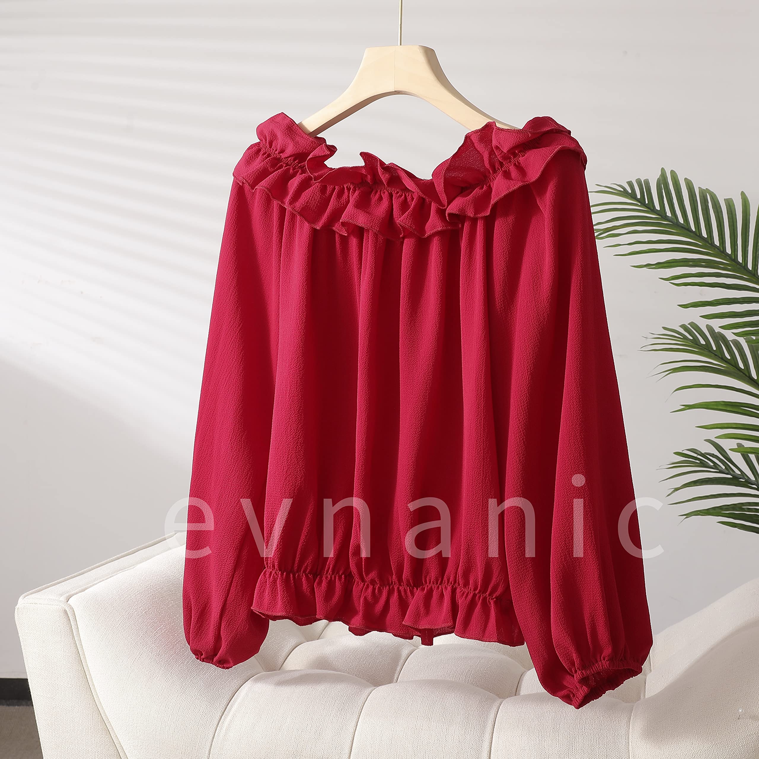 evnanic Women's Sexy Off The Shoulder Tops Long Sleeve Shirt Pleated Ruffle Flowy Blouses Spring Bright Red M