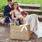 Load image into Gallery viewer, Silkfly Wedding Bride Bag Natural Jute Tote with Ribbon Bride Gift Bag with Handle for Shower(Gold Edges,Bride)
