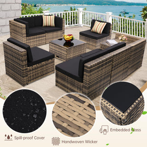 KROFEM 8 Piece Outdoor Wicker Patio Furniture Sectional Set, Glass Top Table with Hidden Storage, Includes 7 Seating Components, Natural Rattan with Black Overstuffed Cushions