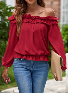 evnanic Women's Sexy Off The Shoulder Tops Long Sleeve Shirt Pleated Ruffle Flowy Blouses Spring Bright Red M