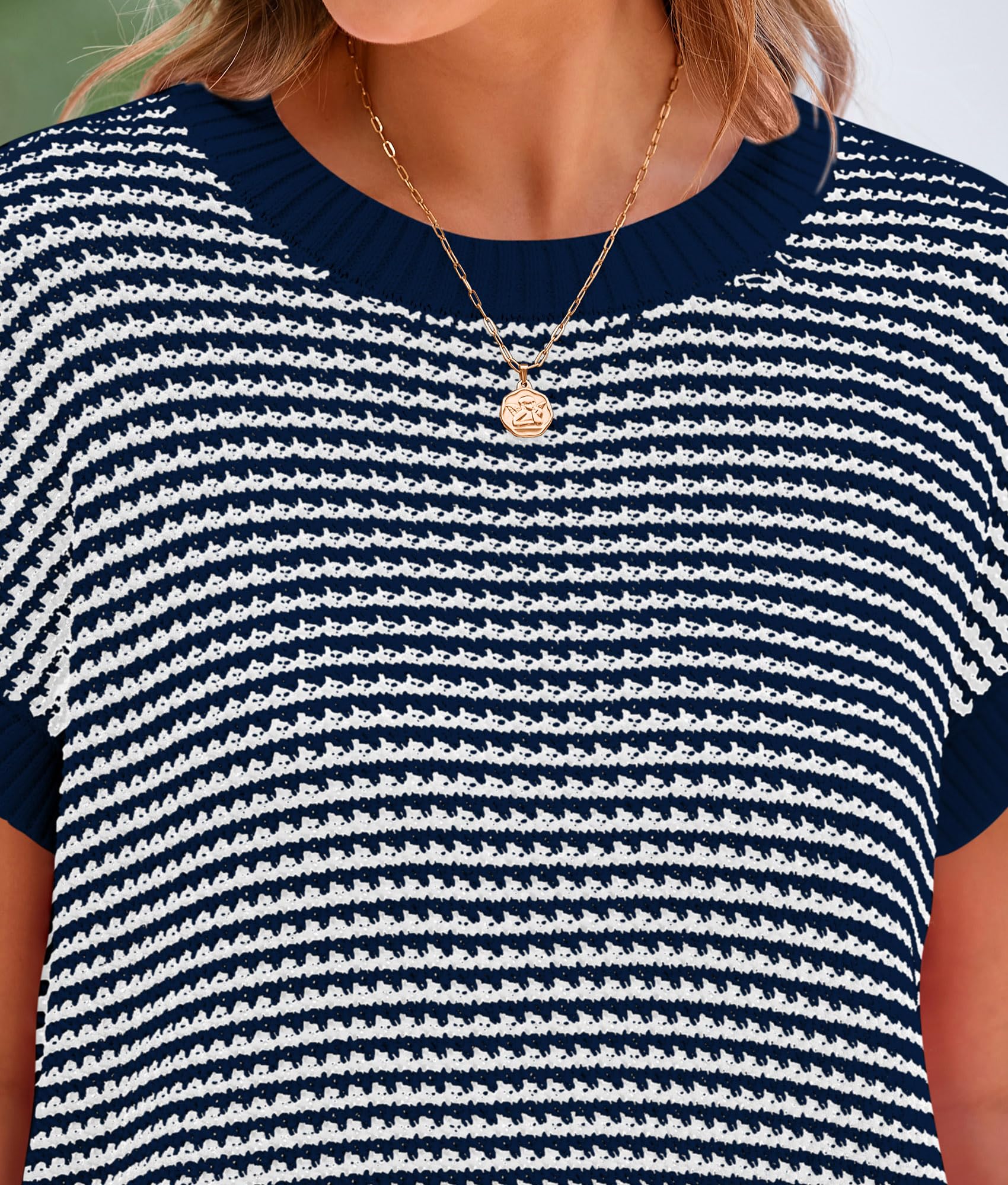 PRETTYGARDEN Womens Short Sleeve Sweater Spring Summer 2025 Round Neck Striped Pullover Cap Sleeve Knit Sweater Vest Tops(Navy,Medium)