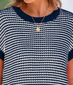 Load image into Gallery viewer, PRETTYGARDEN Womens Short Sleeve Sweater Spring Summer 2025 Round Neck Striped Pullover Cap Sleeve Knit Sweater Vest Tops(Navy,Medium)
