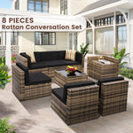 Load image into Gallery viewer, KROFEM 8 Piece Outdoor Wicker Patio Furniture Sectional Set, Glass Top Table with Hidden Storage, Includes 7 Seating Components, Natural Rattan with Black Overstuffed Cushions
