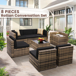 KROFEM 8 Piece Outdoor Wicker Patio Furniture Sectional Set, Glass Top Table with Hidden Storage, Includes 7 Seating Components, Natural Rattan with Black Overstuffed Cushions