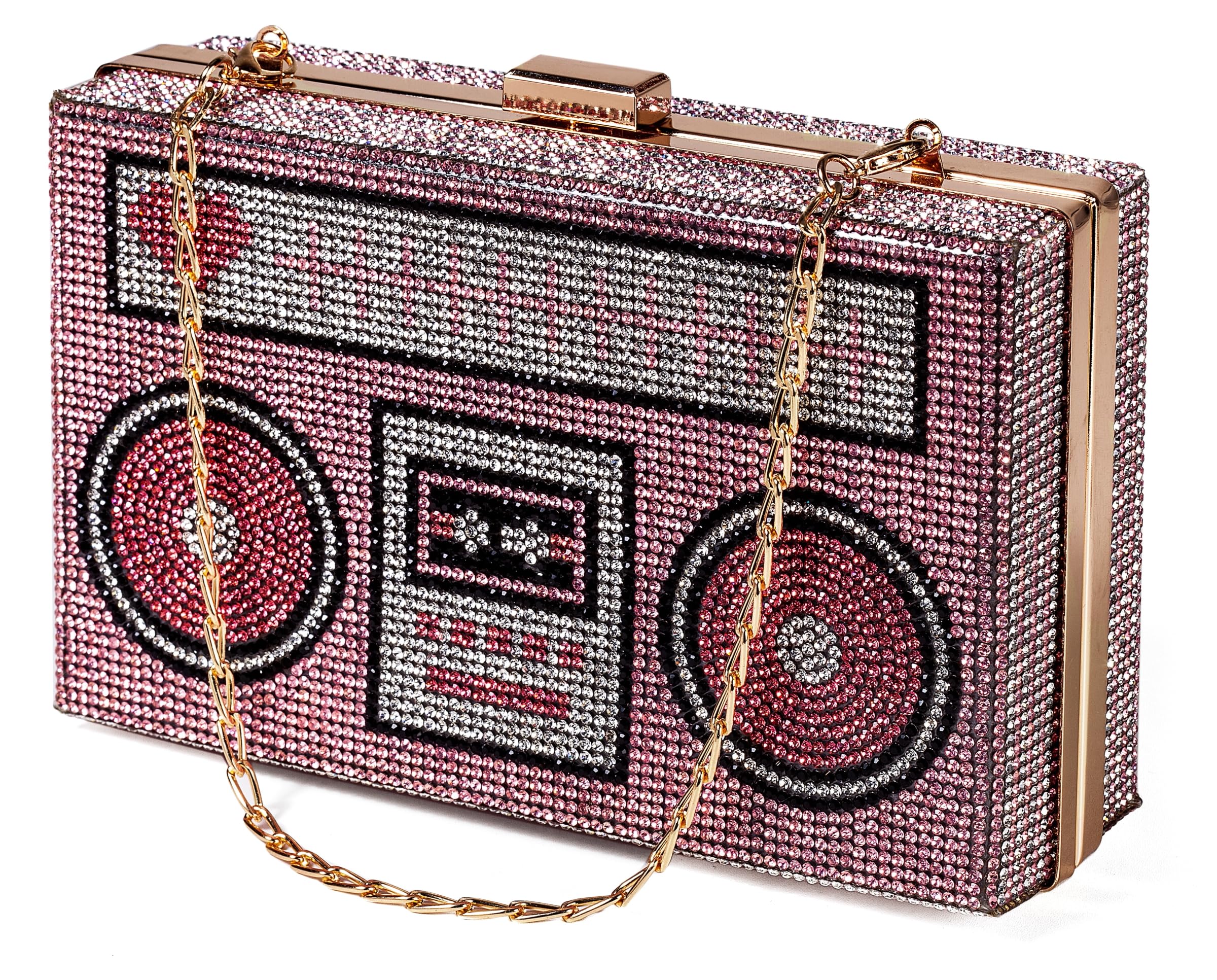 Renabro Women Retro Radio Shape Crossbody Bag Rhinestone Pink Heart Evening Clutch Purses(pink heart)