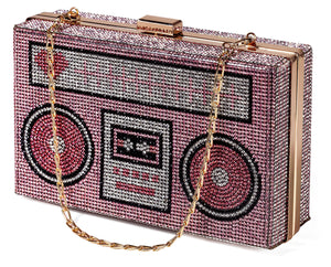 Renabro Women Retro Radio Shape Crossbody Bag Rhinestone Pink Heart Evening Clutch Purses(pink heart)