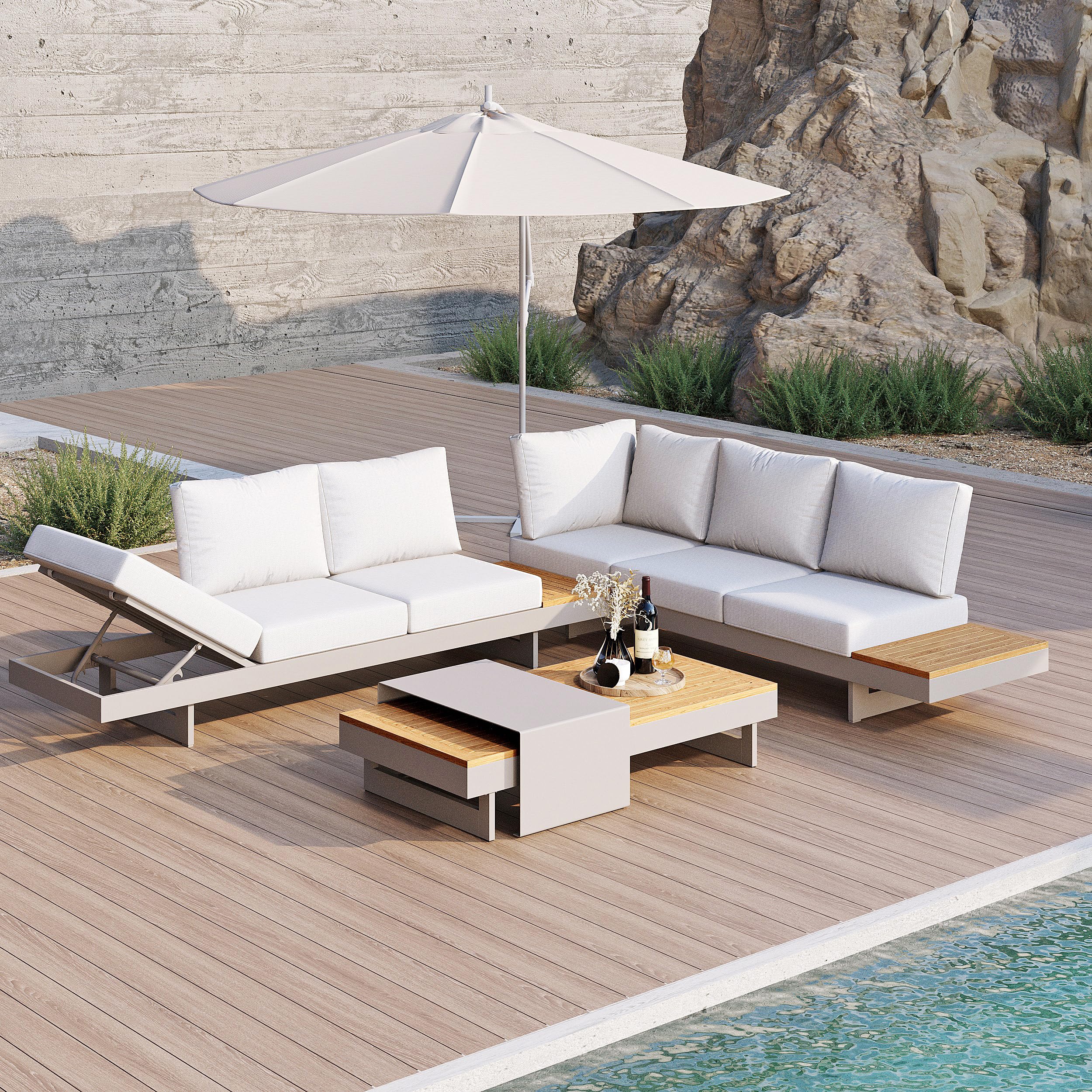 homary 6 Piece Aluminum & Teak Outdoor Sofa Set, Patio Sofa Seat L-Shaped Outdoor Sectional Sofa Set with Adjustable Backrests/Waterproof/Fade Resistant Cushions Ideal for Patios/Balconies,Light Gray