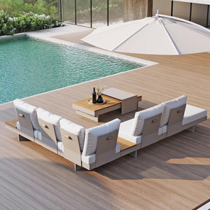 homary 6 Piece Aluminum & Teak Outdoor Sofa Set, Patio Sofa Seat L-Shaped Outdoor Sectional Sofa Set with Adjustable Backrests/Waterproof/Fade Resistant Cushions Ideal for Patios/Balconies,Light Gray